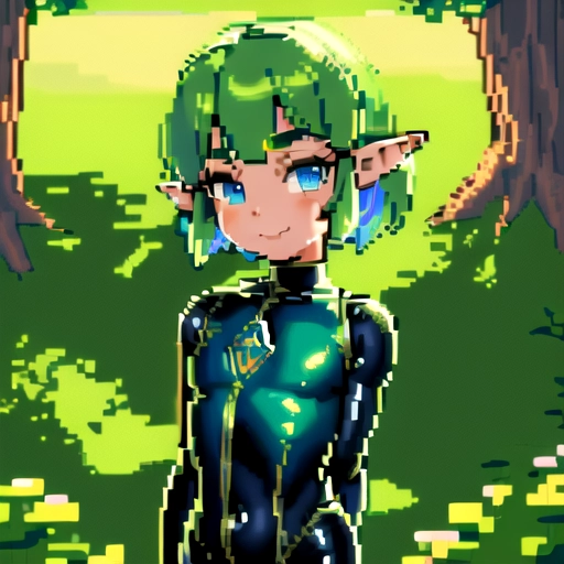 (masterpiece:1.2), (best quality), (ultra detailed), (8k, 4k, intricate),(full-body-shot:1), (highly detailed:1.2),(detailed face:1.2), (detailed background),detailed landscape, (dynamic pose:1.2), <lora:pixel_art:0.7>((pixelart)),1girl, solo, looking at viewer, short hair, green hair, hair band, closed mouth, blue eyes, upper body, pointy ears, black latex bodysuit, portrait, light smile, Saria (legend of Zelda), (loli), (young), (teen), (child), (aged down),