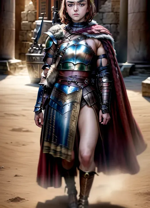 Hyper realistic photo of gorgeous young woman, Beautiful gladiator, (((Maisie Williams))), (((full length body shot))), standing in an arena, large area with crowd watching, Bright sunlight, Roman style armour, leather armour, topless, breasts exposed, perfect breasts, pert breasts, carrying a sword and shield, sexy smile, lips parted, highly detailed face, beautiful face, accurate face, model face, slim body, toned body, toned legs, intricate, highly detailed, wide shot, alone, mystery, photorealistic, realistic, life-like, dark hair, beautiful, dirty, focused, piercing blue eyes, dirty, scratches, blood stains, normal arm length, Roman era, medium breasts, perfect breasts, HD resolution, high res, full body, fighting pose, sharp focus, <lora:dpmg_add_detail:1>, leather, one sword, one shield, realistic pose,