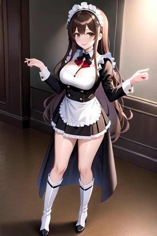 8k quality, brown eyes, pale white skin, brown hair, giant breasts, cleavage, looking at viewer, pov, long hair, wavy hair, full body photo, standing in room, smiling, black maid uniform, miniskirt, high heels, black knee high boots, black choker