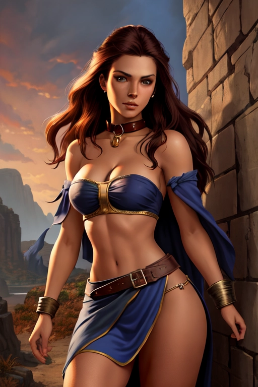 a young lady with a slave collar, skimpy rags for clothing, on the run from her captors, heroic fantasy setting, rendered as a painting in the style of Larry Elmore, detailed accurate face, pretty face