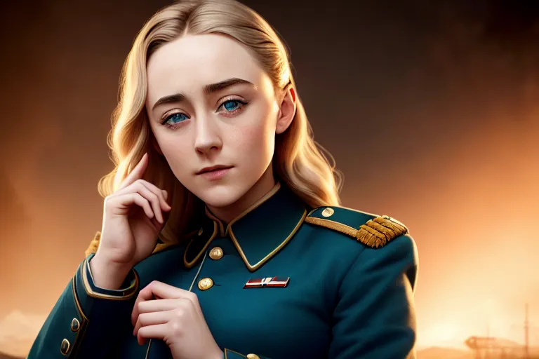 a photograph of,saoirse ronan,wearing soviet uniform,sitting,outdoor,big breasts,five slender fingers,gorgeous face,beautiful lips,blue eyes,curved eyebrows,curved eyelid,textured skin,erotic,wearing golden ring,sharp focus,studio lighting,highly detailed,cinematic lighting,cgsociety