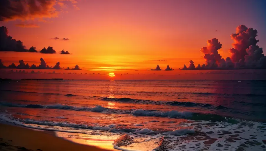 8k High resolution photoreal colored photography romantic evening mood on a Caribbean beach at sunset, a palm tree sticks out from the beach into the sea,