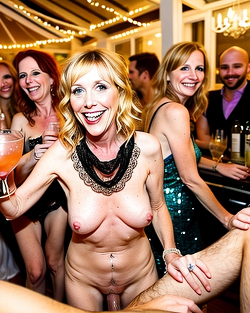 a happy naked MILF is the only one naked at a cocktail party with party guests in the background