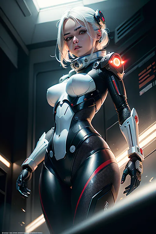 8k, Female robot, Mafia, Space Ship background, white-highlighted hair, look at the camera, red-colored eyes, metal skin that glistens in the sun, full body image (beautiful detailed eyes, symmetrical eyes), dramatic lighting, (photorealism:1.5), (photorealistic:1.4), (8kRAW photomasterpiece), High detail RAW color photo, a professional photorealistic, (highest quality), (best shadow), (best illustration), ultra high resolution, highly detailed CG unified 8K wallpapers, physics-based rendering, photo,realistic, realism, high contrast, hyperrealism, photography,