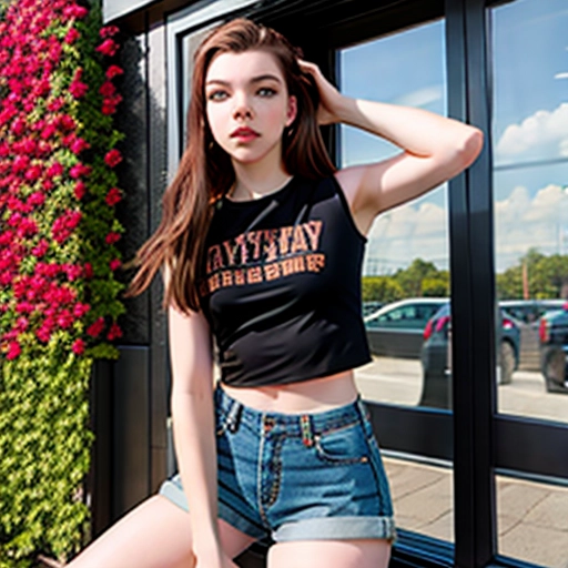 Anya taylor-joy, sexy pose, hyper realistic, grunge clothes, Jean shorts, fish nets, realistic face