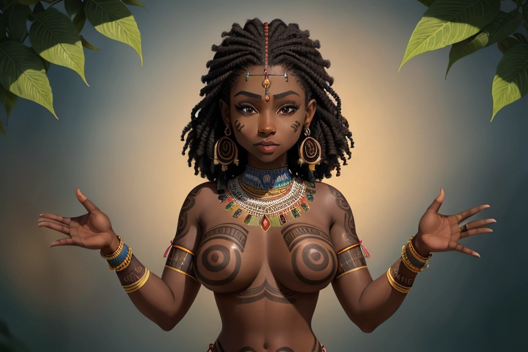 Full body,
Very beautiful black female, short kinky hair, dark eyebrows, brown eyes, cute concave nose, wide nostrils, soft cheeks, full lips, narrow chin, dark ebony skin,
cute breast, ((wearing tribal clothes)), ((wearing tribal jewelry)), tribal tattoos,
in a garden, (excellent lighting), (very clear picture), ((beautiful vibrant colors)), (accurate at lower prompt guidance), ultra realistic,
(((only four fingers per hand))), fingers are symmetrical, (((only two arms))), (((only two legs))), (((only five toes per foot)))
<lora:dpmg_better_bodies:.5>