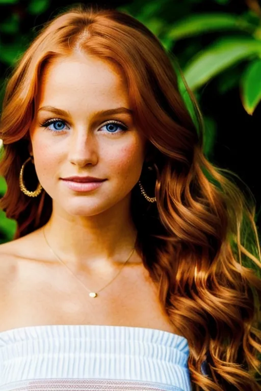 Headshot, A cute beautiful gorgeous tanned stunning ginger Irish redhead preteen supermodel, long wavy hair, large emotional widest wide-set innocent eyes, gamine