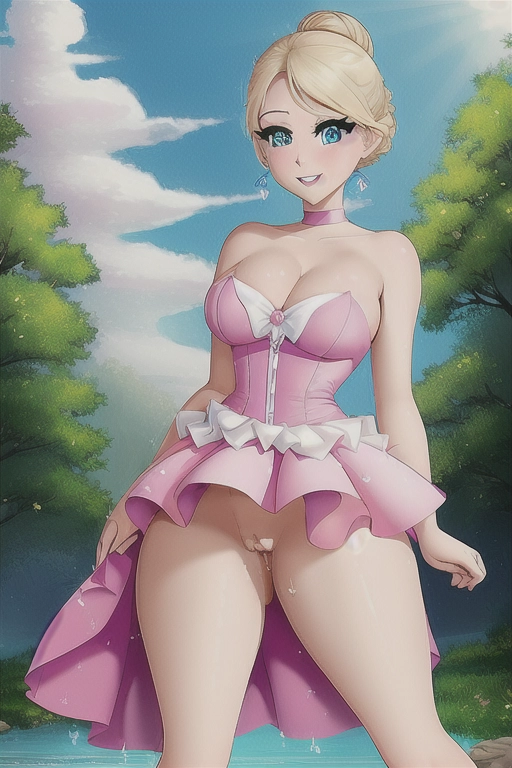 Disney princess, slender,skinny, blonde hair up in a bun, sexy blue eyes, soft cheeks, full lips, happy smile, curvy, huge breasts, thin waist, full ass, half naked, pink dress, wind blowing dress, fucking, pussy, aroused, pink butt plug, cum dripping, squatting,facing the camera, looking at the camera, huge butt, <lora:7Kz4alaNbrX_Artistic_style_2:1>