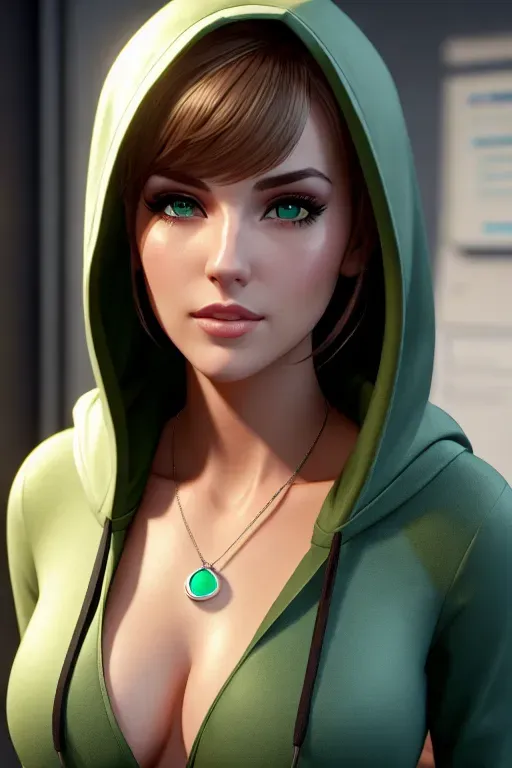 a digital art of,charlotte sins,wearing hoodie,doing sexy pose,at the office,five fingers per hand,bangs hairstyle,charming face,beautiful lips,green eyes,curved eyebrows,pale skin,peaceful,wearing necklace,professional,unreal engine,studio lighting,cgsociety,8k
