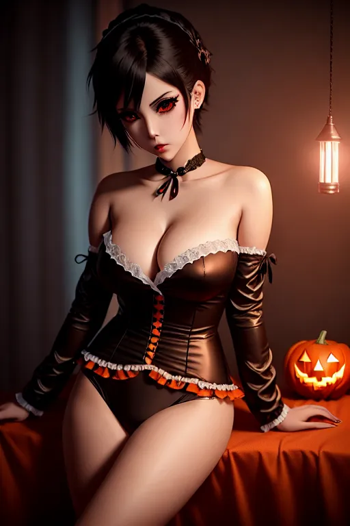 a photograph of,an anime girl,wearing halloween clothes,lying,indoor,five slender fingers,short thick hair,gorgeous face,beautiful lips,brown eyes,curved eyebrows,curved eyelid,smooth skin,romantic,tattoo,surreal,artstation,cgsociety,cinematic lighting,editorial