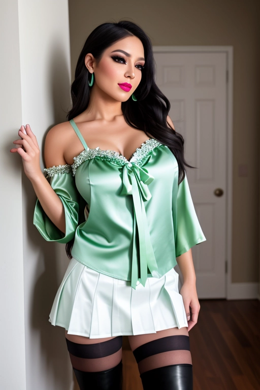 RAW photo, Professional, HDR, UHD, full body portrait, 64k, native woman, dark straight hair , large tits, ( mint green satin blouse:1.3),( white leather skirt:1.3), boots, corset, seductive, pink lipstick, detailed eyes, fake eyelashes, eyeshadow, elaborate jewelry, indoors ,smile, Canon camera