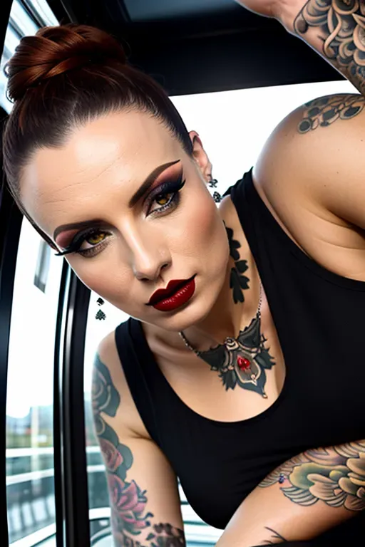 8k photography, High angle camera shot, czech woman, looking up to the photographer, in a tram, sitting, tattoo, black tank top, teasing, dark lip stick,<lora:dpmg_imminent_fuck:1>