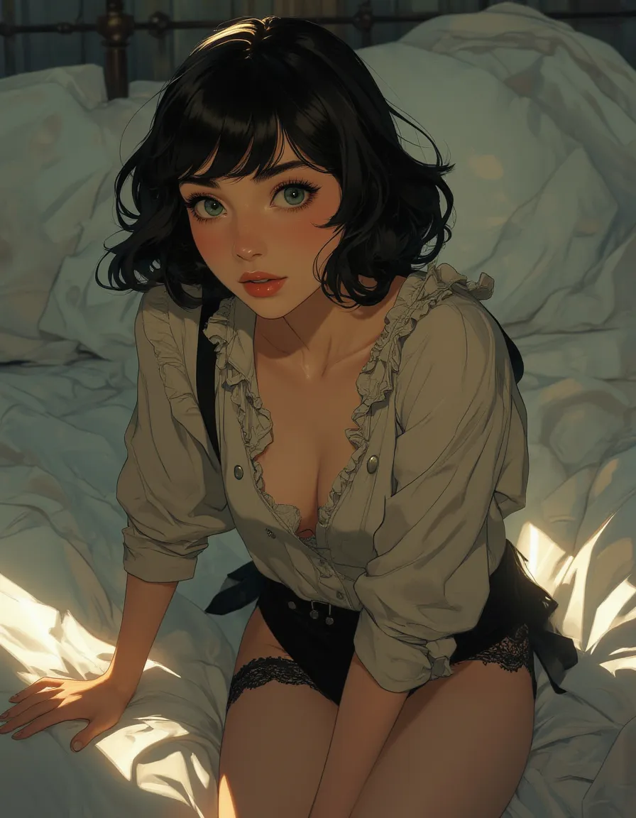 Anime-inspired image of a 21-year-old woman, medium-length black hair, side bangs, captivating blue eyes, toned physique, medium bust in disarrayed maid outfit. Unbuttoned shirt reveals black lace underwear. Arms out, shy gaze towards the viewer. Soft, ambient light, focus on satin sheets, delicate undergarment details, subtle skin texture.