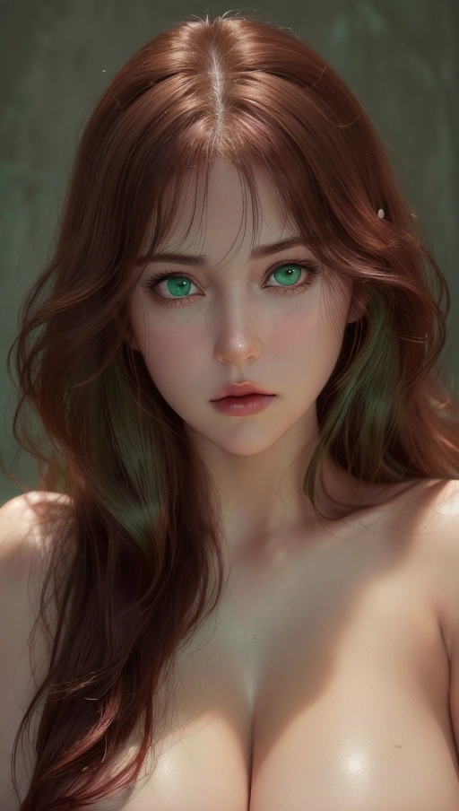 A high resolution photo shot of ultra detailed, ultra detailed skin, Adult heavy metal woman, masterpiece, (realistic, photo-realistic:1.37), serious face, ((green eyes)), rosy cheeks, Caucasian skin, wavy dark red hair, heavy eyeshadow, tattoos, nude, medium breasts, dark red lips, highly detailed skin textures, highly detailed eyes, blank green background, gorgeous face, ((chubby cheeks)), professional photograph, dramatic lighting,