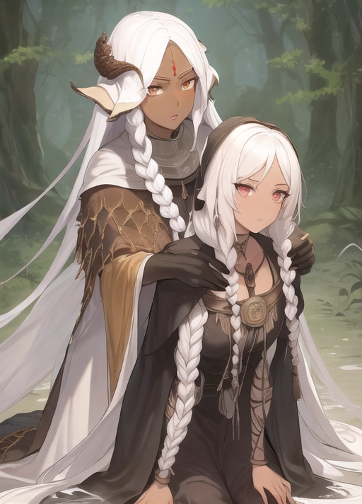 (masterpiece), absurdres, smooth, soft lines, soft edges, perfect edges, (soft lighting), (soft glow), perfect anatomy, detailed background, hair with great details, perfect eyes, perfect face, (looking at viewer), 1girl, forest background, full body view, ((older woman)), ((dark souls)), ((dark souls fire keeper)),
((beautiful robed priestess)), fully covered, flowing hair, lip gloss, full body view, lipstick, long eyelashes, serious, tall, ((cornrows hairstyle)), covered body,
(White hair), brown eyes, (((very dark skin))), ((flushed cheeks)), short hair, large woman,