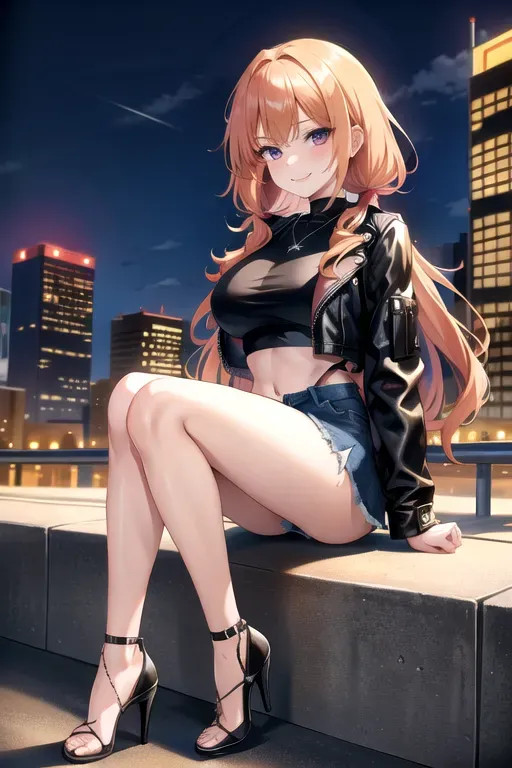 full body, strawberry blonde hair, hazel eyes, short girl, denim miniskirt, black high heels, looking at viewer, long hair, pale skin, silver necklace, black crop top, 24 years old, giant breasts, cute face, pov, wavy hair, city environment, Oklahoma City, wide eyes, erotic, skirt tug, leather jacket, nighttime, black backpack, slim body, low pigtails, sitting on wall, smiling