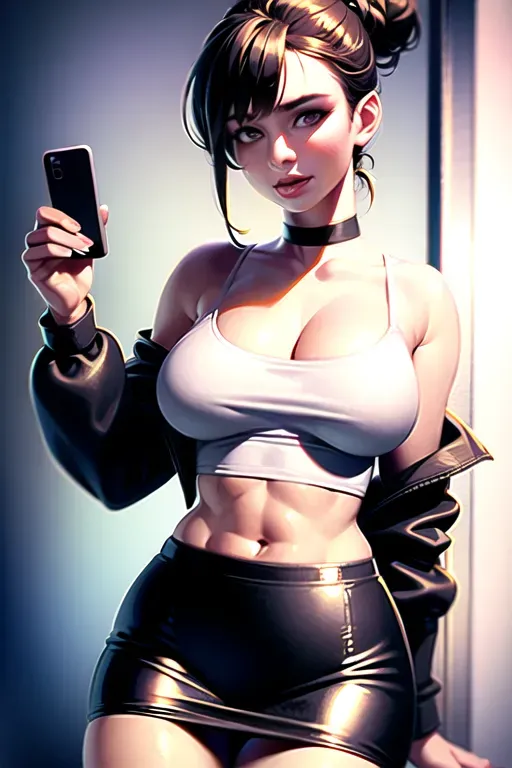 best quality, ultra high res, (photorealistic:1.4), 1girl, off-shoulder white shirt, black tight skirt, black choker, (messy bun:1), (large breasts:1.2), looking at viewer, holding a phone to her hear