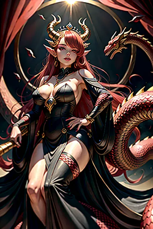 A tiefling in tatered cult robes with golden jewelry, red eyes, sharp claws, sleek black dress, Brass jewelry adorns her wrists and fingers catching the light, Brass jewelry, A long tail, snake tail, tail with finned spines, tail lined with spikes, Framing her face, vibrant red scales, red scales, red scales cover her arms and legs, Protruding from her forehead a pair of majestic horns, large horns, horns, Sharp fangs, fangs, her hands are claws, Claws
HD, high quality,
She drapes herself in a flowing black dress, flowing black dress, lack dress, Adorning her wrists and fingers brass jewelry, brass jewelry, jewelry, rings, armbands, necklace, brass rings, brass armbands, brass necklaces, Her dress tattered at the edges, damaged, tattered clothes, damaged dress, revealing cleavage, Along her serpentine tail finned spines, serpents tail, finned spines, tail with menacing spikes, Her face is framed by a cascade of vibrant red scales, scales on face, red scales frame her face, brass crown, tiara, brass tiara, Atop her forehead a brass tiara, regal horns, regal horns, sharp fangs, fierce claws, black robes, robes, wizard robes, cult robes, black clothes, covered up, little skin, red eyes, red bushy hair, long red hair, long red bushy hair, Bowsette, dragon, dragon horns, dragon tail, dragon claws, dragon scales, a beautiful woman with long brown bushy red hair and a set of dragon horns she has a set of spikes along her back all the way to her long tail, her arms are covered in scales and adorned with claws, she wears a long black dress robe combo with brass jewelry covering her, claws, scales, dragon claws, seed scales, dragon scales, red dragon scales, red snake skin, snake scales, red snake skin, black dress, covers in dress, clothes, covered in clothes, dress, black dress, black robes