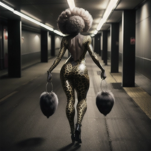 Sexy black villainess with afro and big ass wearing a leapord print catsuit and feather boa walking down underground parking garage at night.
rear view