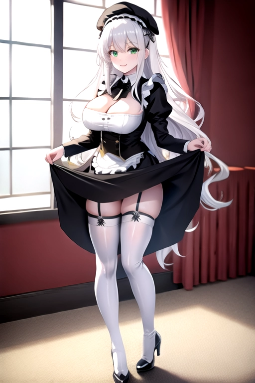 8k quality, green eyes, pale white skin, white hair, giant breasts, cleavage, looking at viewer, pov, long hair, wavy hair, full body photo, standing in living room, smiling, black maid uniform, miniskirt, high heels, thigh high boots, carrying tray
