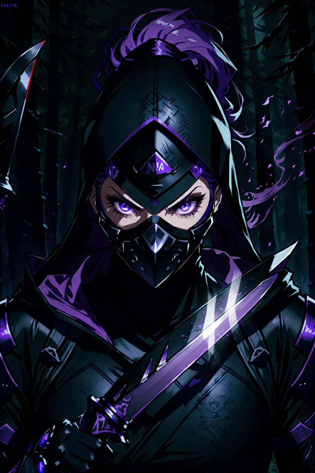 Ninja, full face mask, purple, glowing accents, with a sword, female, 8k wallpaper, best quality, ultra hd, global lighting, hi-resolution, high quality, highly detailed, in a dark forest, fighting