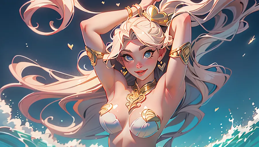 A digital photograph of, professional photograph, the divine goddess Aphrodite is doing intercostal stretches and laughing, standing up in the middle of the sea, (((nude))), (((arms streched above her head))), (large smile:1.3), exposed teeths, very long permed blonde hair with white highlights, (intricate gold pattern in hair:1.2), (((flying heart shaped hair))), gold tiara, perfect breast, perfect soft skin, perfect lips, beautiful face, beautiful rainbow eyes, (shiny heart shaped aura:1.4), (close-up), highly detailed, (pubic hair:1.4), (heart shaped clouds), (heart shaped foam), very rough sea, high waves, very shiny day, ((opened huge scallop shell in background)), five fingers per hand, (cinematic lighting), divine scene, UHD, HDR, vivid colours, bokeh, (highest quality:1.8), highest resolution, (photorealist:1.72), (photorealism:1.72), (masterpiece:1.18), clear lines, --s 250 --niji