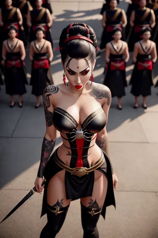 a photo shot of,spider girl,wearing samurai clothes,standing,big breasts,five slender fingers,updo hair,charming face,beautiful lips,black eyes,curved eyebrows,joyful,tattoo,surreal,ultra realistic,sharp focus,smooth,unreal engine