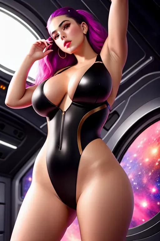 a oil painting of,bella poarch,wearing a pink g-sring,leaning against the wall,in the space station,big breasts,five fingers per hand,fishtail hair,legs openbeautiful face,beautiful lips,brown eyes,curved eyebrows,curved eyelid,pale skin,porn,turning her back, wearing golden ring,artstation,ultra realistic,studio lighting,sharp focus,smooth