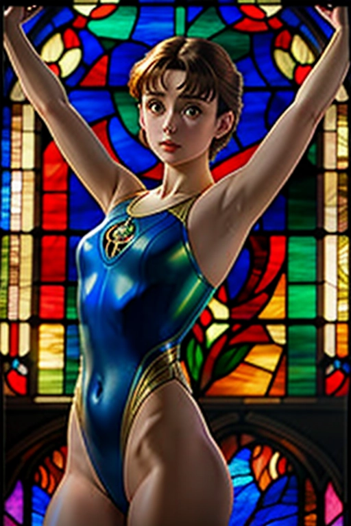 (Art nouveau style) Ultra extreme details taken with a Sony A7, dramatic, Art nouveau style, Volumetric Lighting, Cinematics vivid colors, Chiaroscuro, masterwork, (((Stained glass))) Gorgeous girl gymnast, wearing a sexy leotard, features of Audrey Hepburn, beautiful glass lines