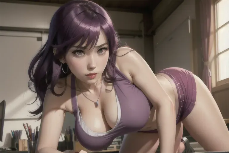 a illustration of,senjougahara hitagi,wearing tank top,all-fours,at the office,big breasts,five fingers per hand,wavy curtain bang,charming face,beautiful lips,curved eyebrows,pale skin,wearing necklace,surreal,editorial,artstation,sharp focus,smooth