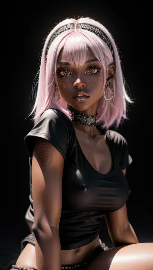 (a highly detailed artistic photo of)
,(an african goth girl),
(masterpiece quality),
((wearing a black t-shirt)), pink hair, tattoos, nosering, wearing a short black skirt, wearing stockings,
(dilated pupils:1.2),
(lost in euphoria:1.2),
8k quality,
skin texture, realistic detailed hair, realistic detailed skin, realistic detailed eyelashes, detailed eyes
, uncensored, ultra definition,
ultra quality,
nsfw,
toned ass,
(face freckles:.75),
<lora:dpmg_add_detail:1>,
photorealistic,
healthy,
ultra realistic detailed skin, realistic detailed hair,
(detailed anus:1) (detailed innie vagina:1),
pretty teeth, textured skin, (pores),
(pretty detailed feet), (pretty detailed hands),
pretty calves, pretty thighs, lean abs, shaved legs,
aroused,
(accurate eyes), accurate teeth, accurate mouth
,dramatic lighting,
bokeh,dof, nikon, 50mm, crystal clear,
tack, subsurface scattering, white lights, focused, intricate detailed background,
painted fingernails, painted toenails, accurate skin color, accurate skin tone,accurate hair color, accurate hair tone, (accurate hair cut:1), (accurate facial shaped:1),