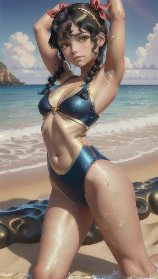 masterpiece, best quality, ((small breasts)), detailed background, woman on a beach, ((gold and blue swimsuit)), curly black hair in pigtails, detailed golden eyes, exhausted, blushing, pointy nipples, red ribbon in hair, ((stretching)), detailed pussy