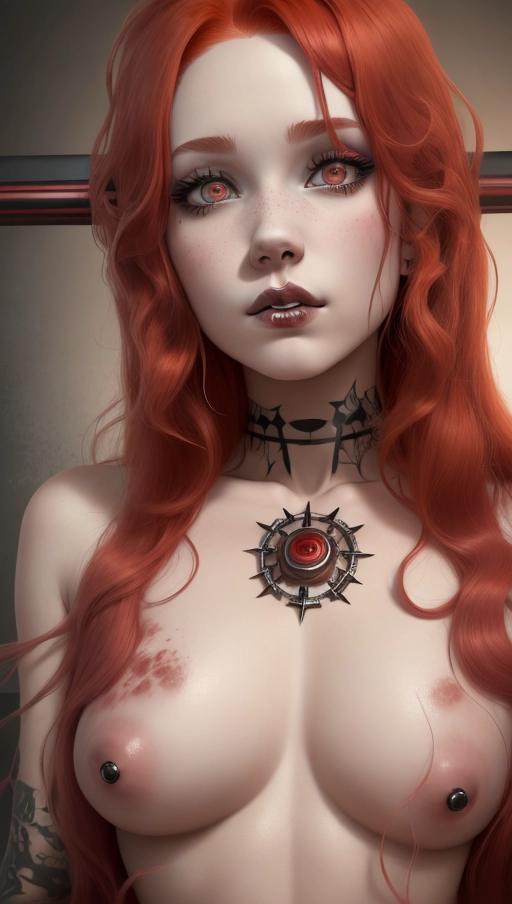 Young heavy metal woman, cute face, pale skin, curly red hair, messy eyeshadow, ((lip piercing)), tattoos, completely nude, small breasts, highly detailed skin textures, highly detailed eyes, blank white background,