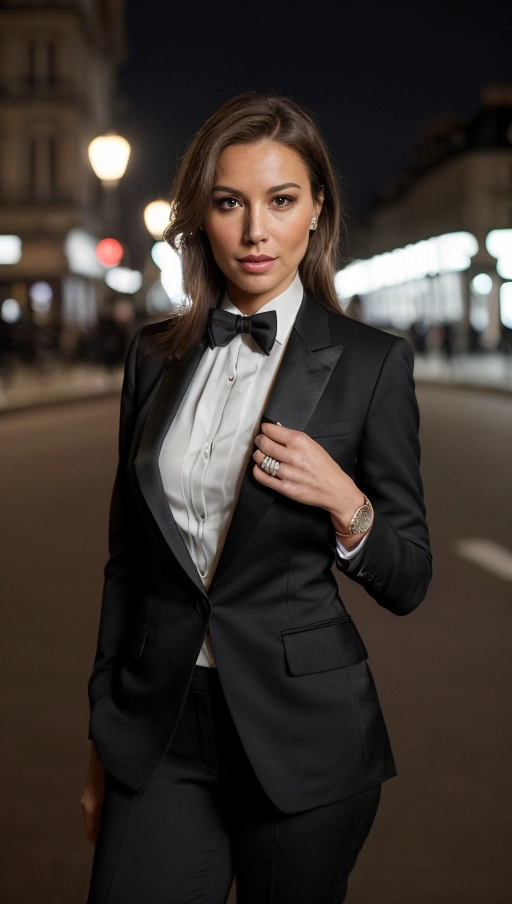 Nationality - French,
Age - 24 years,
Skin type - fair with a subtle tan,
Hair color - chestnut brown,
Hair style - elegantly pinned up with loose strands framing her face,
Face features - defined cheekbones and a confident expression,
Eyes - green with a mischievous sparkle,
Mouth - a soft, knowing smile,
Nose - refined and well-proportioned,
Clothing style - a sleek, tailored tuxedo in black, challenging traditional norms with elegance and an edge of defiance,
Location - Parisian streets at dusk, with the Eiffel Tower in the soft background glow,
Position and pose - standing with one hand in her pocket and the other casually holding a vintage cigarette holder, her body angled slightly to show off the silhouette of the tuxedo,
Emotional expression - a blend of allure and daring independence,
Accessories - a thin black bow tie, cufflinks, and a pocket square,
Make up - minimal, emphasizing her natural beauty and strong features, with a slight emphasis on the eyes,
Tattoos - a small, elegant fleur-de-lis on her wrist, subtly visible,
Camera angle - low, enhancing her towering presence and the majestic backdrop,
Lighting - the last rays of sunset mixed with the early streetlights, creating a halo effect around her and illuminating her features,
Resolution - ultra high resolution, ensuring every detail of her expression and attire is captured,
Camera type - Canon EOS 5D Mark IV, for its superior low-light performance,
Camera settings - ISO 400, aperture f2.8, shutter speed 1-60s,
Focus - on her eyes, with a gradual blur effect towards the edges of the frame, enhancing the dramatic atmosphere,