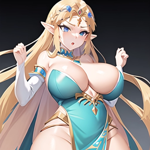 Princess Zelda wearing torn royal dress with sagging breasts bigger than face (commanding:1.4) with a fierce pose teasing soldiers, longshot photograph