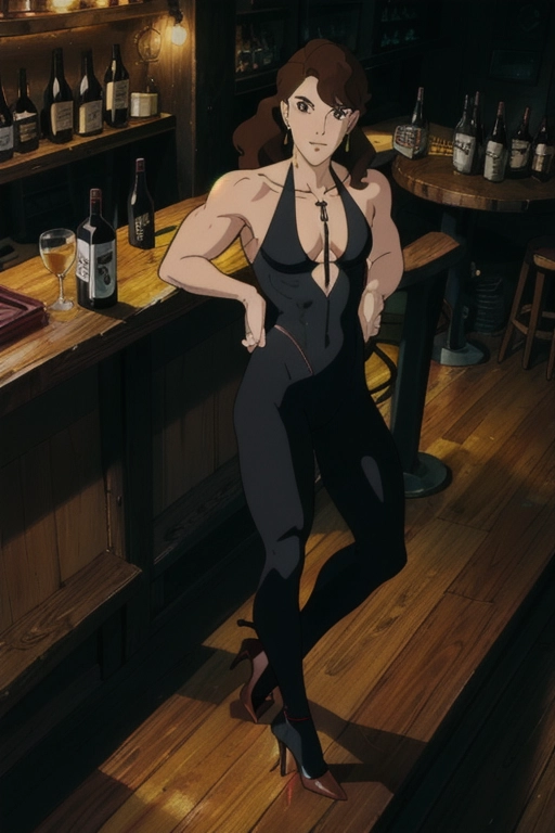 (((handsome muscular young man))), (((broad shoulders))), (((flat chest))), standing at the bar, ((wide toothy grin)), eyes closed, holding a beer bottle, (((wearing a sexy black skintight halter neck yoga bodysuit with deep cut cleavage))), (black bridal gloves), ((long necklace)), (((long wavy brown hair))), (((clean shaved face))), ((earrings)), ((dark eyeshadow)), ((black lipstick)), (eyelashes), ((black stiletto high heels)), sexy, cozy, dark, warm, Ghibli style, close up, from above, (beer bottles), old pub, rustic, cottagecore, clear shapes, consistent colors,
<lora:dpmg_ghibli_style:1>