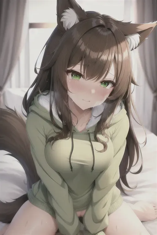high quality, detailed, anime girl, brown hair, green eyes, wolf ears on head, fluffy ears, fluffy tail, shy, on bed, wet, turned on, exposed pussy, wants to be fucked, naked, wet pussy, lewd face, straddling, boyfriends hoodie, sweat, masturbation, caught, concerned face