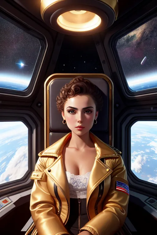 a oil painting of,a russian girl,wearing jacket,sitting in a chair,in the space station,natural breasts,five slender fingers,short thick hair,charming face,beautiful lips,detailed large eyes,curved eyebrows,romantic,wearing golden ring,highly detailed,editorial,sharp focus,cgsociety,8k