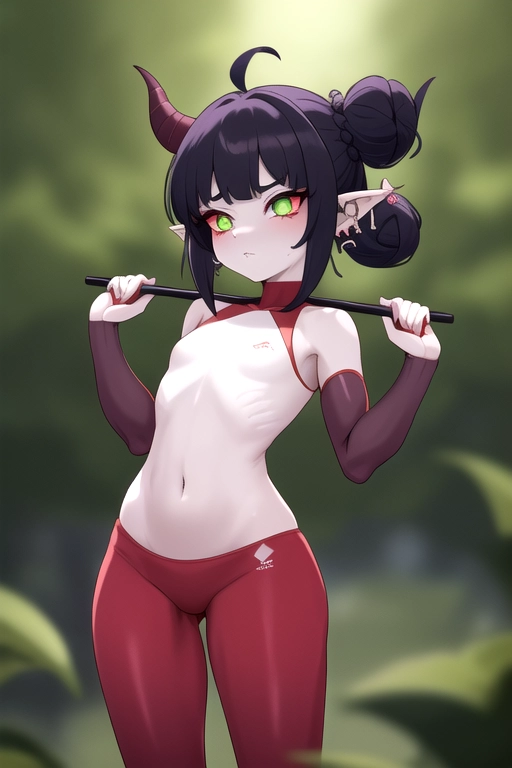 a small and lithe tiefling woman. She stands at just 4 feet tall and has a petite, yet curvy build. Her skin is a deep shade of red, and her, pointed ears are adorned with numerous piercings. She has piercing green eyes and long, jet-black hair that she wears in a messy bun. She wears form fitting yoga capris and a sports workout top that shows off her perky breasts