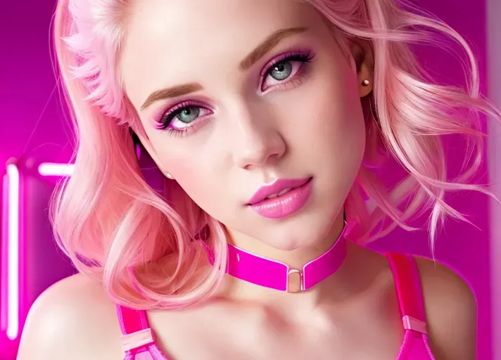 a photograph of, slutty bimbo, pale skin, pink bra, pink top, wearing pink headphones, wearing a slave collar, very long and wavy hair, blonde, five, pink top, pink bra, pink panties, slender fingers, beautiful lips, curved eyebrows, curved eyelid, beautiful eyes, professional, ultra realistic,, full head in view, spreading her legs, neon lighting