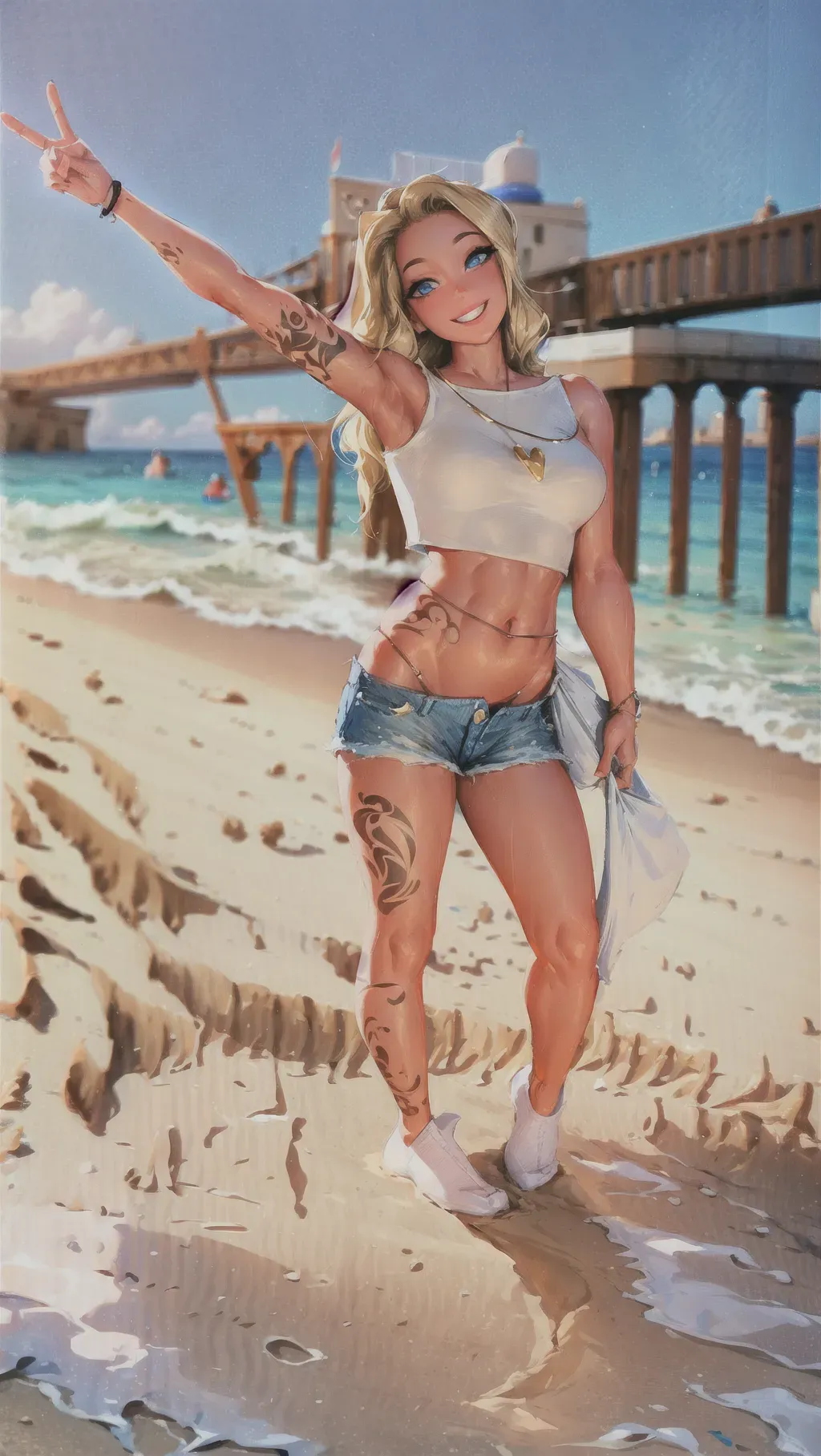 Sexy girl blonde wavy hair, standing on the beach posing, bridge in the background, peace sign, white crop top. Blue Jean short shorts, barefoot, tattooed, gorgeous eyes, smiling, <lora:dpmg_sam_yang:1>