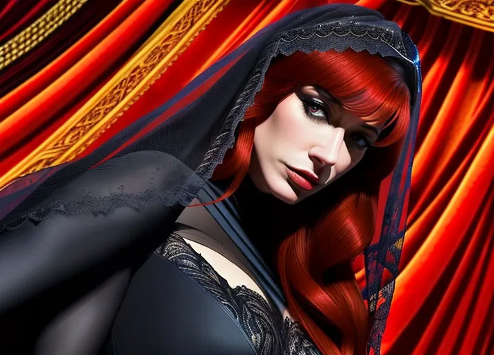 low angle set against the dark nighttime sky, Strong distinguished debonair black hared Dracula dressed in black and red prepares to claim sweet beautiful auburn haired sapphire eyed hypnotized Queen Anna of Arendelle portrayed by Christina Hendricks in a black wedding gown and lace veil over her face taking her in his arms her neck arched in anticipation as his new vampire bride. photorealistic.