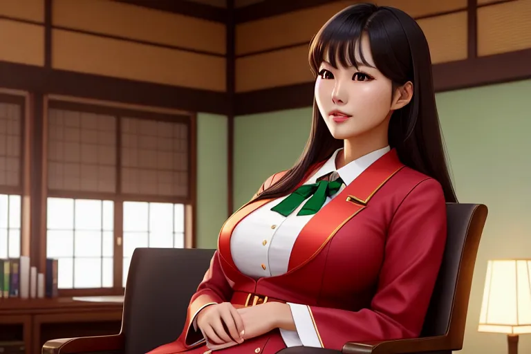 a digital painting of,kim so yeon,wearing japanese high school uniform,sitting in a chair,at the library,big breasts,five slender fingers,silky hair,beautiful face,beautiful lips,green eyes,curved eyebrows,curved eyelid,joyful,wearing golden ring,unreal engine,8k,sharp focus,pixiv,professional