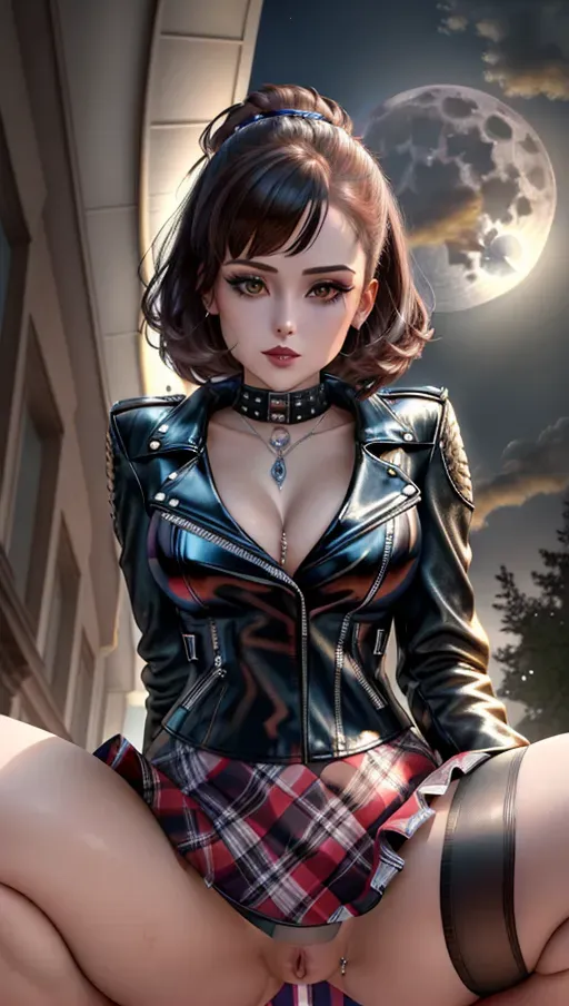 8k, up-skirt, Digital Photo from below of a goth girl, (having sex with viewer:1.2), (silver clit_piercing:1.1), wearing an leather jacket, wearing a plaid miniskirt, wearing knee high socks, (exposed vagina), looking away from Camera, beautiful face, beautiful eyes, short brown hair, in dark cemetery, at night, full moon, volumetric lighting, focused, squatting, masturbation, erotic, <lora:dpmg_pov_from_below:1>