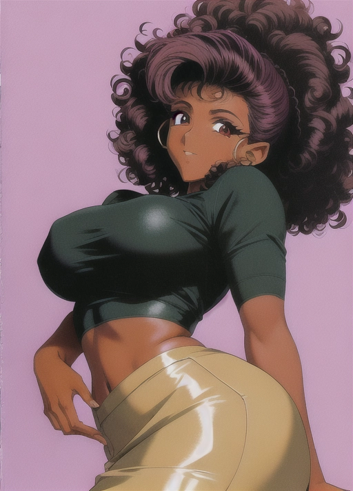 (((90s anime art style))),(masterpiece), absurdres, smooth, soft lines, soft edges, perfect edges, (soft lighting), (soft glow), perfect anatomy, detailed background, hair with great details, perfect eyes, perfect face, (looking at viewer),
lip gloss, smiling, ((flushed cheeks)), erotic, sensual,((office background)), hand on hip
((curly black pixie cut)), ((puffy hair)), thick thighs, wide hips, small breasts, ((dark skin)), ((extremely dark skin color)), tall slim athletic build, athletic, hoodie, long skirt,