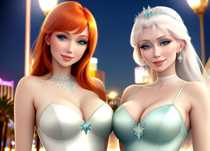 beautiful auburn haired Queen Anna in mint green dress and her platinum haired Sister, Elsa in white, with their beautiful sapphire eyes, visit dazzling Las Vegas Strip at night. Their warm sweet smiles brightening every day.