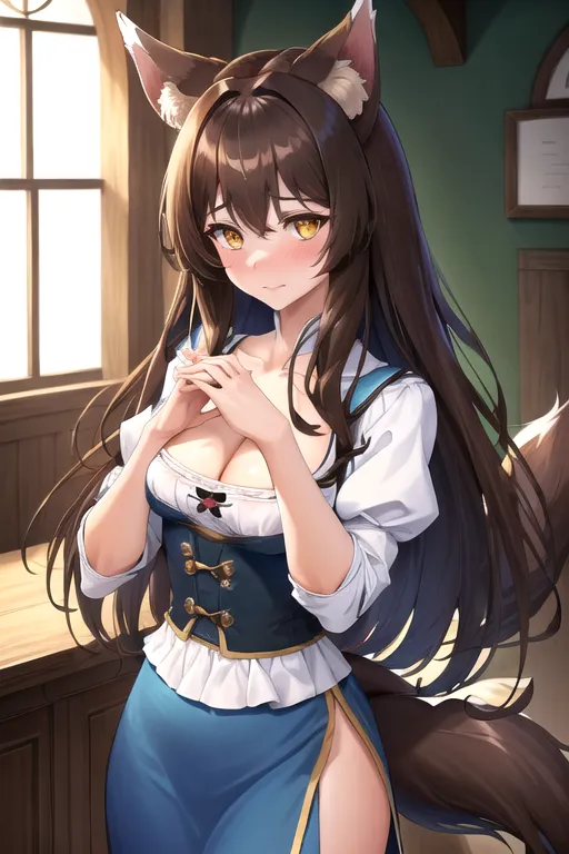 best quality, highres, ultra-detailed, wolf, wolf girl, wolf_ears, wolf_tail, fluffy_ears, fluffy_tail, ((long tail)), (((darkbrown_hair))), yellow-brown_eyes, (((small_breasts))), upper_body, lower_body, cleavage, very_long_hair, (((detailed hands))), (((good hands))), perfect hands, beautiful hands, all fingers, soft hands, only two hands, 18, young aduld, highly detailed, wide shot, tavern, beer, alcohol, met, ale, ((tavern)), adventurer outfit, well dressed, ((blue)) dress, long dress, detailed dress, elegantly dress, isekai, cute, innocent, blush, (((shy))), happy, standing (behind a counter), (((correct anatomy))), medieval, ((sfw)), safe for work, wide clothes, adventurer clothes, dirndl, skirt