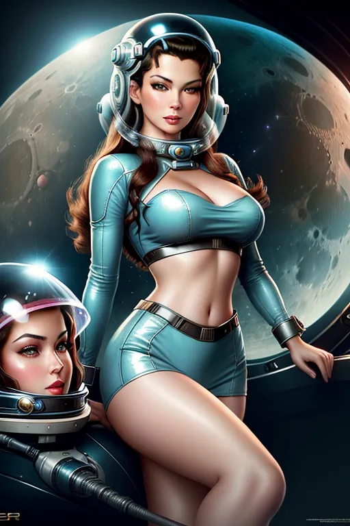 realistic HD photograph ,(((youthful Catherine Zeta Jones)))((((accurate face)))),(((as a vintage Scifi Pinup Girl)))(((flirting at vintage SciFi on the moon))),(((wearing vintage SciFi costume)))(((wearing vintage SciFi bikini)))(((wearing vintage SciFi boots)))(((wearing clear bubble space helmet)))((smirking))(((exposed midriff)))((cleavage)), ((very sexy pose)),(((perky breasts))),(((slender athletic body))), five slender fingers,beautiful face, beautiful lips,detailed large eyes,curved eyebrows,cgsociety,cinematic lighting,studio lighting,professional,editorial,