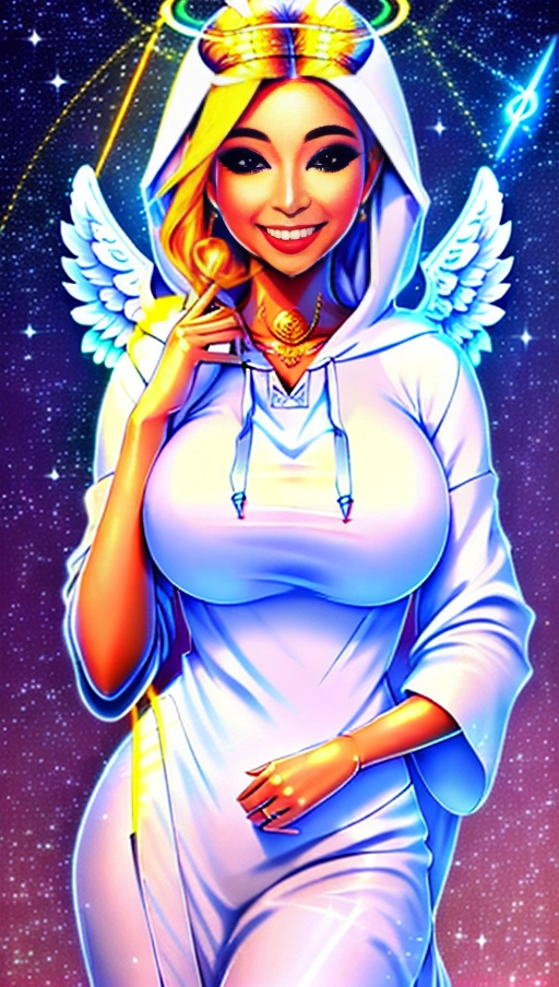 a 64k high detailed photo of Female Goddess, ((In clothing Robes))), (((In Hoodie))), HDR, Professional, Highly Detailed, ((In pants))) ((In Shirt)) ((Has Attire)) Godly Ultra Detailed Best Quality Most Detailed ((Angel Wings)) Angelic Lighting Love Hope Magic casting Smiling happy Glory Warrior Angels Angelics Positivity Happiness ecstasy enraptured sweaty saving God Royalty Morality Goodness True Good Power Force Authority Ethical Saviour Halo Always and Forever Sentimental in heat hot ultra hot best best lighting tantric Neutral Brilliant Logical Compassionate Perfect Perfection Exciting Integrity Winged Courage Purity Harmony Beauty mark on upper lip ((Female)) Ethereal Lighting Celestial Lighting (((With Clothes))) ((With God Item)) ((God Tech)) (God Technology) with items of power God Wings (Afterlife Light) ((Perfect Body)) ((Perfect Anatomy)) (Love Worship) (God Light) ((God Staff))) ((God Weapon)) (Spirituality) (Smiling) ((Happy expression)) ((((Has Clothing On))) accessories