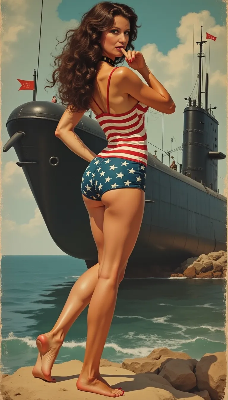 1940s era pinup style poster, 48 year old, long wavy hair, realistic woman, realism, hyper-realistic, long curly wavy dark brown hair, messy hair, curvy feminine figure, leather choker,
medium droopy pear shaped tits, cleavage,
Tight United States flag inspired mini dress,
long legs, bare feet with red painted toe nails, full body view, feminine legs, standing provocatively in front of a Navy Submarine, legs spread wide, ass in photo, looking back toward the camera, her finger over lips in the be quiet gesture, A detailed illustration of a person making the SHH gesture, shh gesture, shush gesture, Writing on poster reads 'Remember Loose Lips Sink Ships'